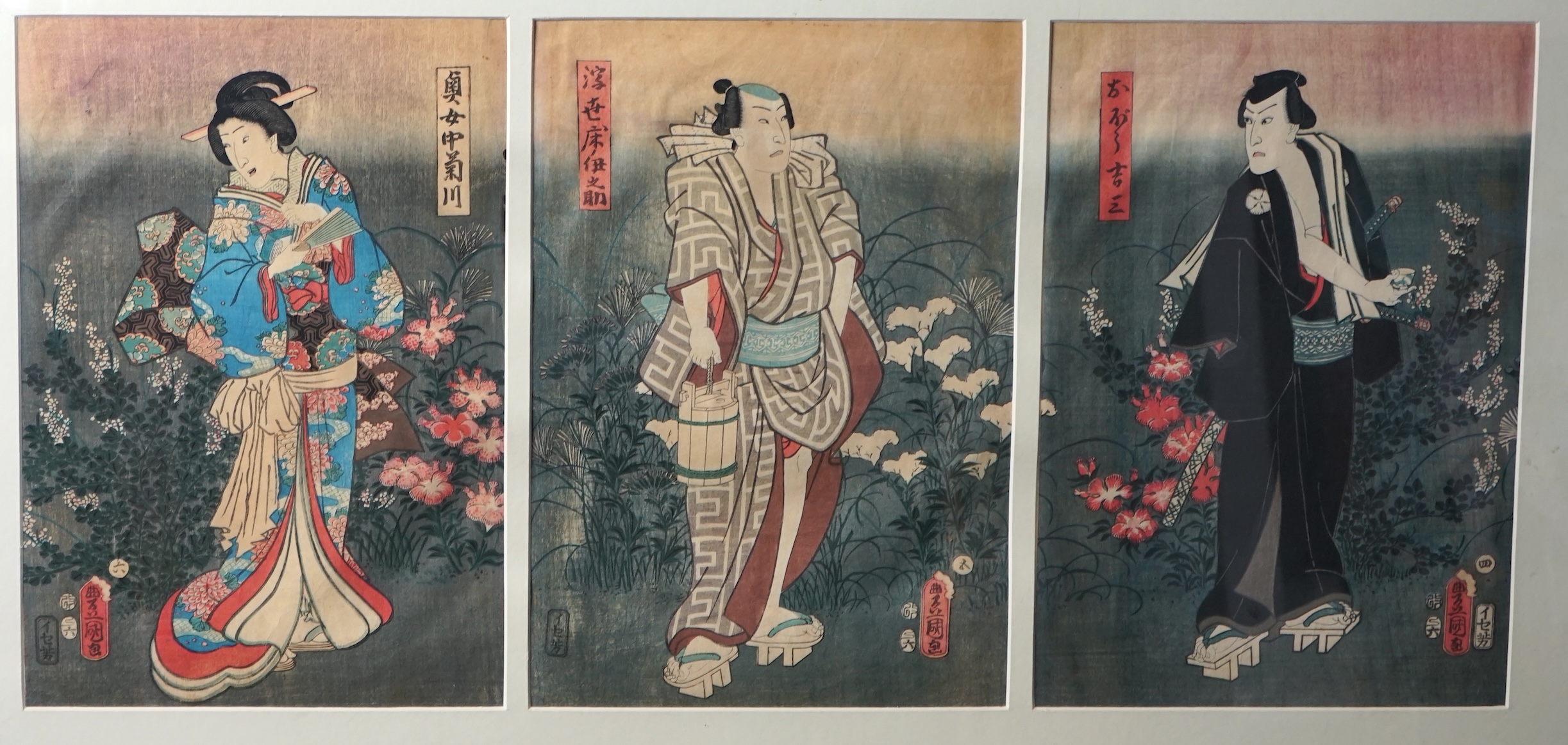 Kunisada Toyokuni III (1786-1864), Three actors standing in gardens, woodblock triptych, each 35 x 24cm